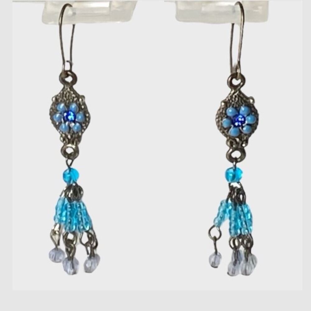 Bohemian Bead Tassel Earrings Blue Stone Gunmetal Dangle Dainty Hippie Flower